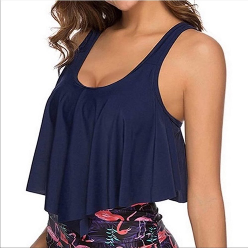 Adisputent Navy Flounce Swim Top M NWT